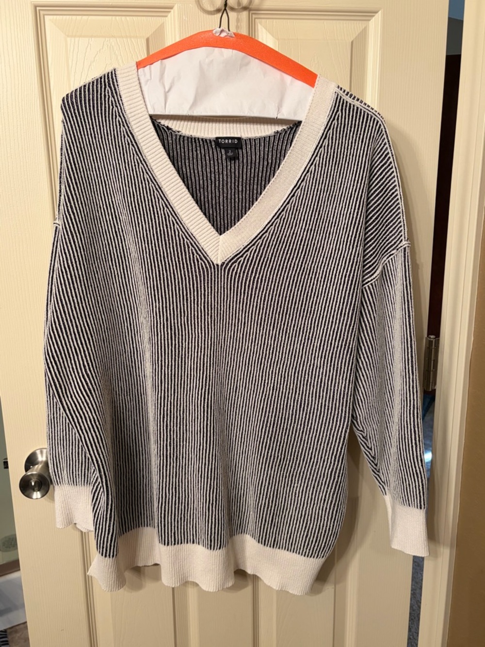 torrid Black & Cream Striped V-Neck Rib Knit Sweater
